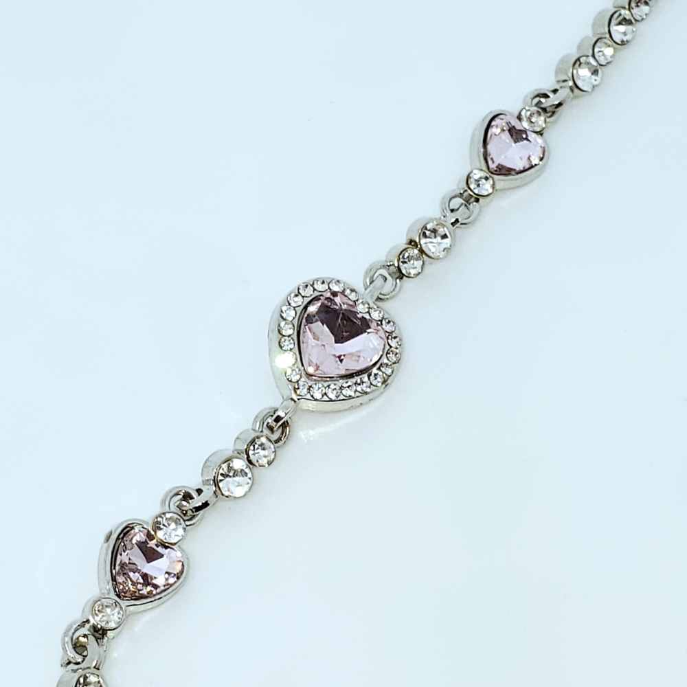 Pink Quartz & Crystal Rhinestones Heart Link Bracelet 7" to 9" Adjustable